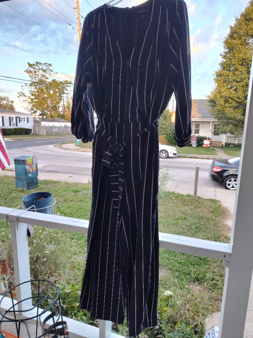 Belted Black Jumpsuit w/ Magenta & White Stripes